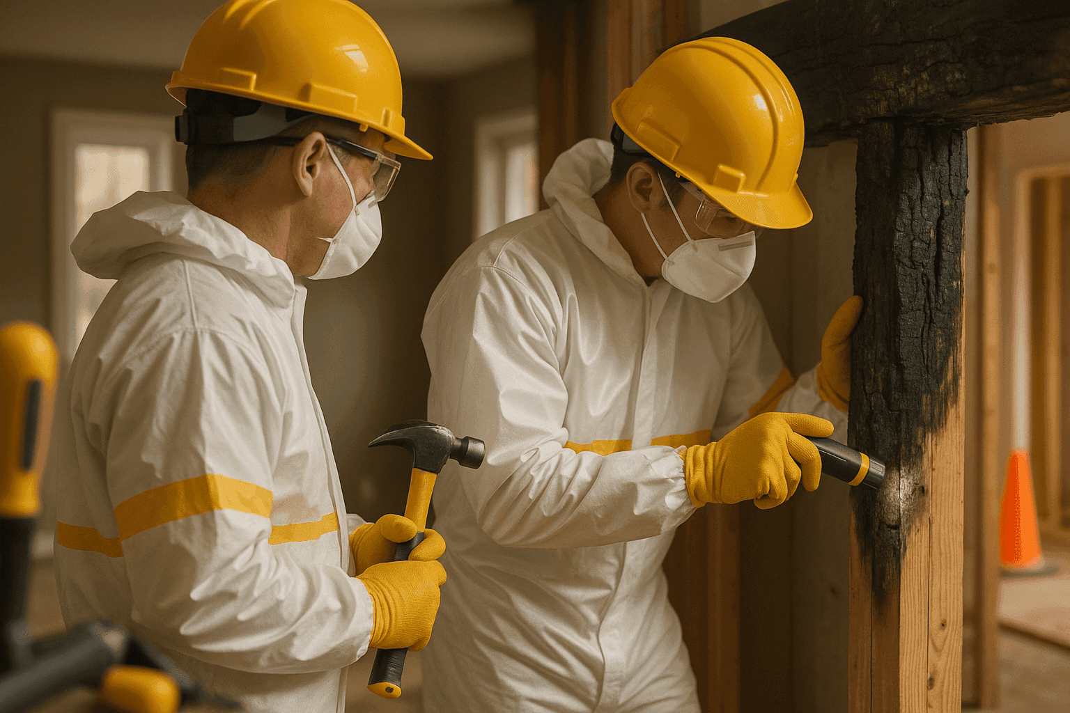 Two workers in protective gear inspecting and repairing charred wooden beam in residential fire damage restoration