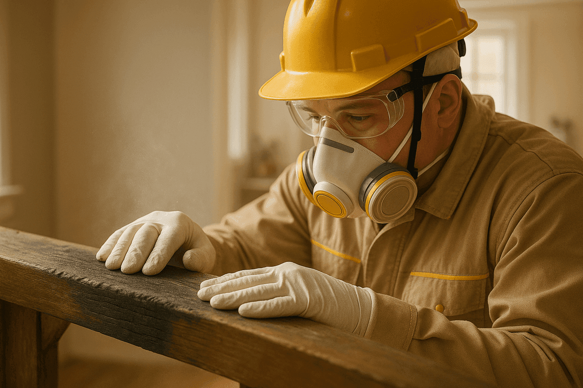 Close-up of gloved hands inspecting smoke-damaged wood in residential fire damage restoration